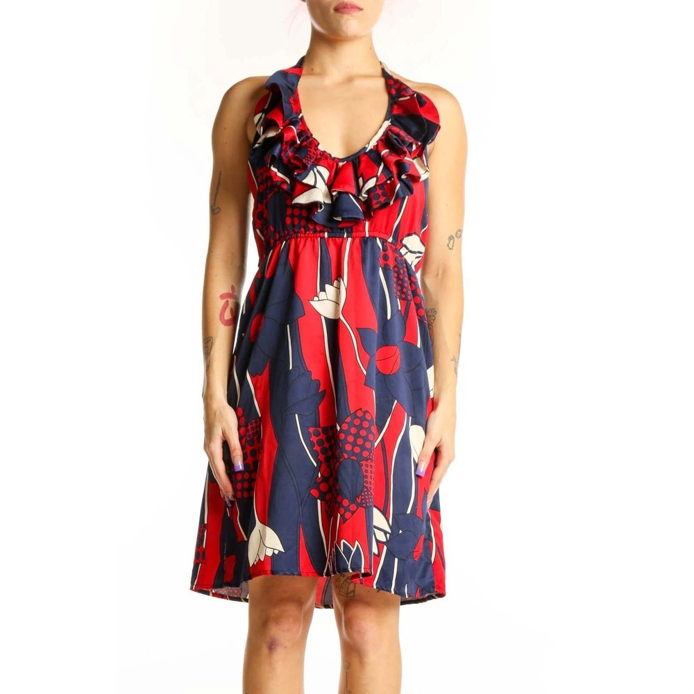 JUDITHMARCH Red Navy Abstract Floral Ruffle Halter Midi Dress Size M‎